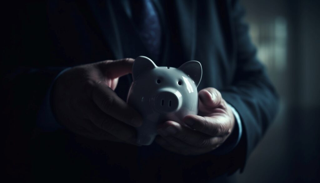 Ejecutivo sosteniendo una alcancía, simbolizando el ahorro y la optimización de costos al migrar a la nube