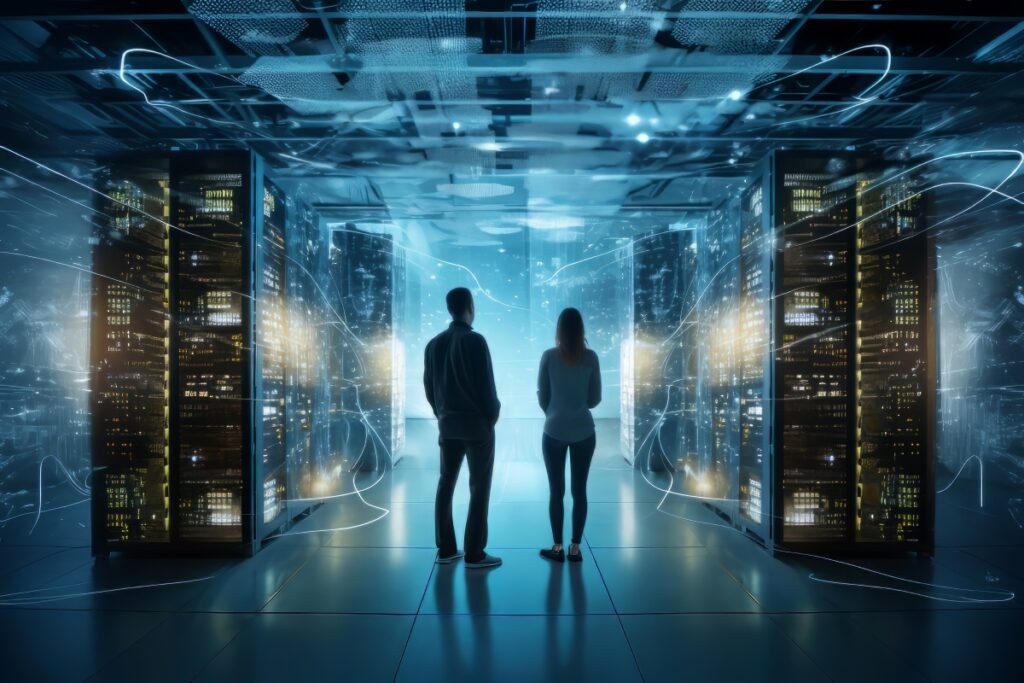 Empresarios explorando un centro de datos digital, destacando la innovación y eficiencia de la infraestructura en la nube